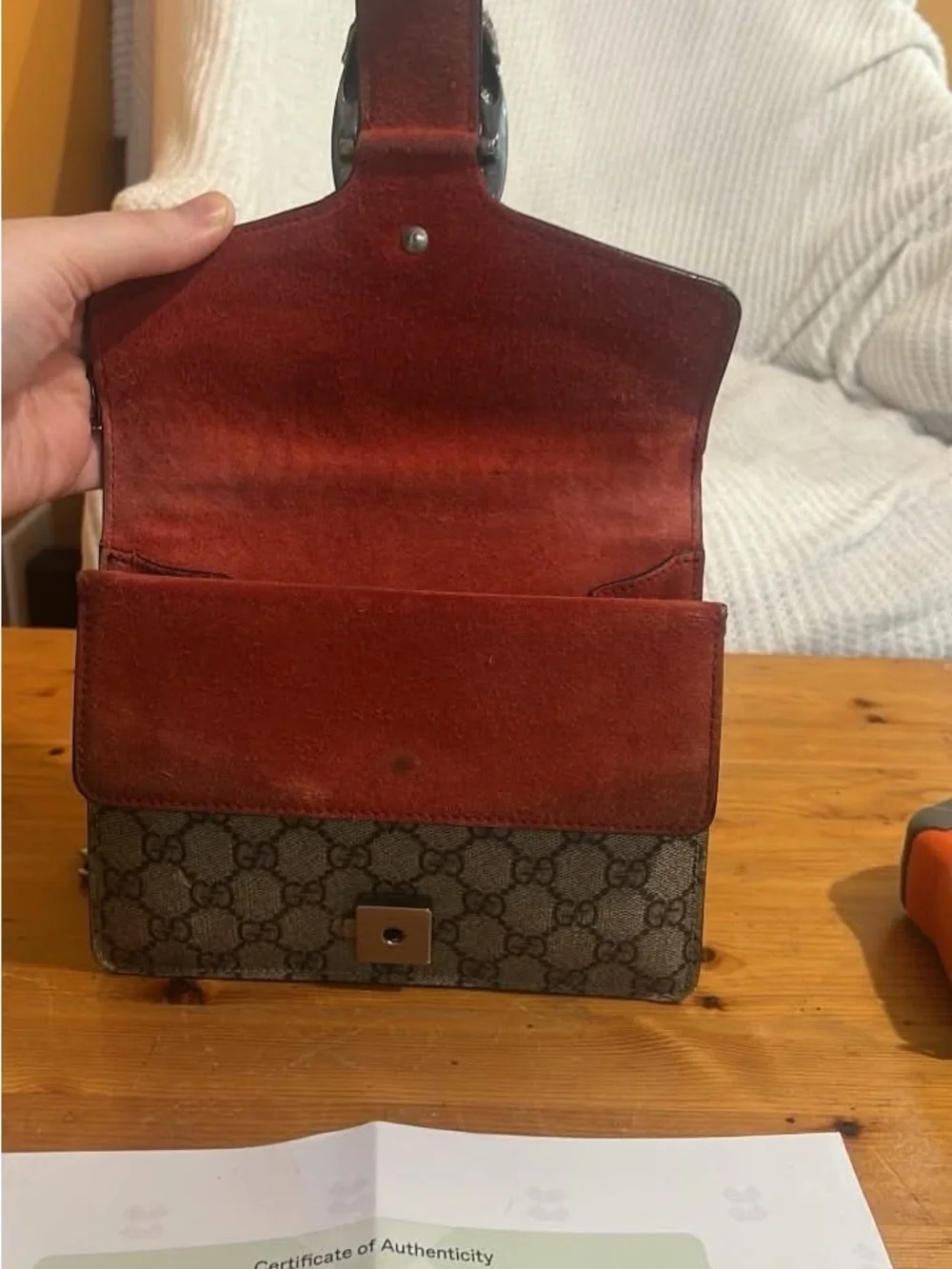Gucci GG Supreme Crossbody Shoulder Bag in Beige and Red Trim